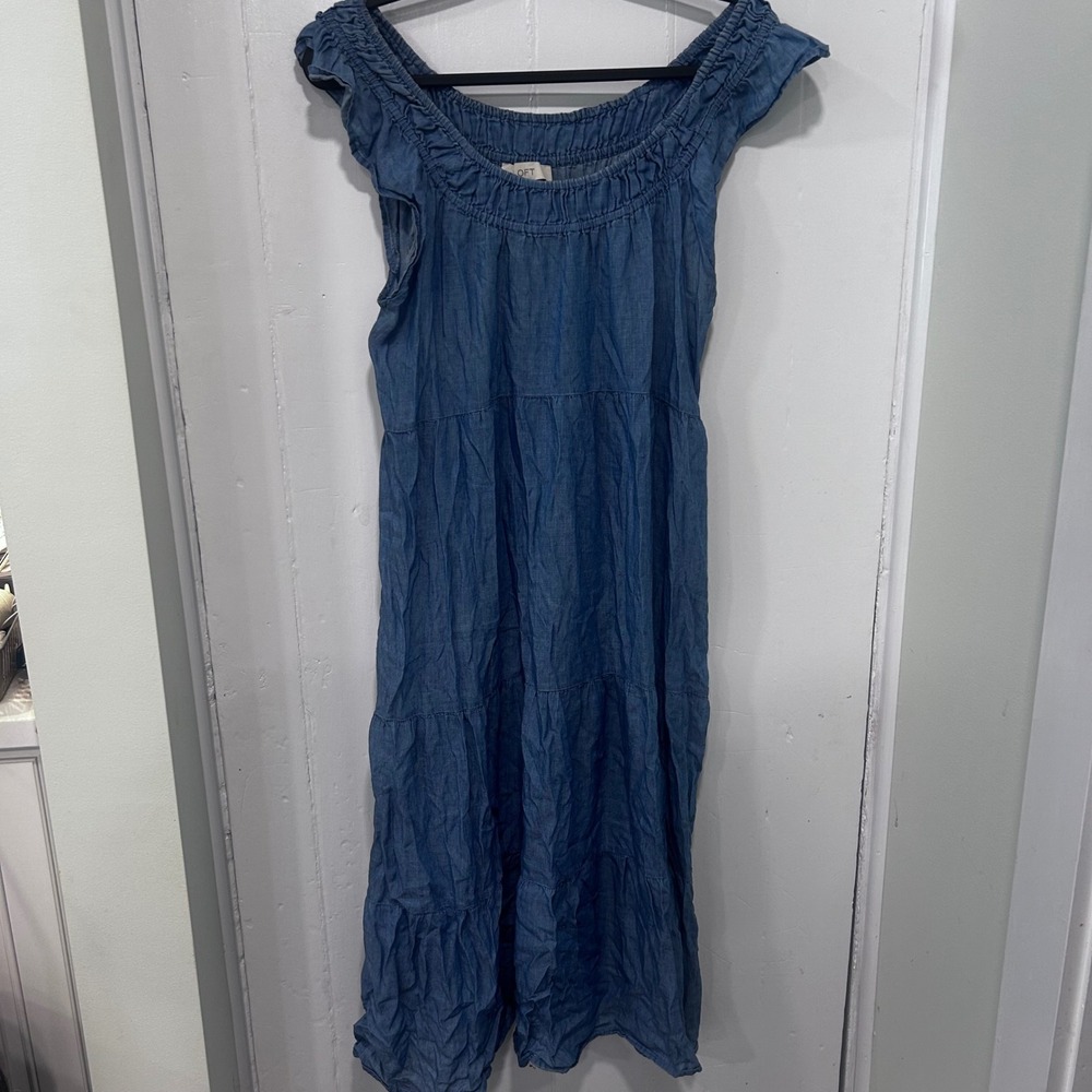 Loft Womens Blue Chambray Tiered Midi Dress Smocked Flutter Sleeve Size M